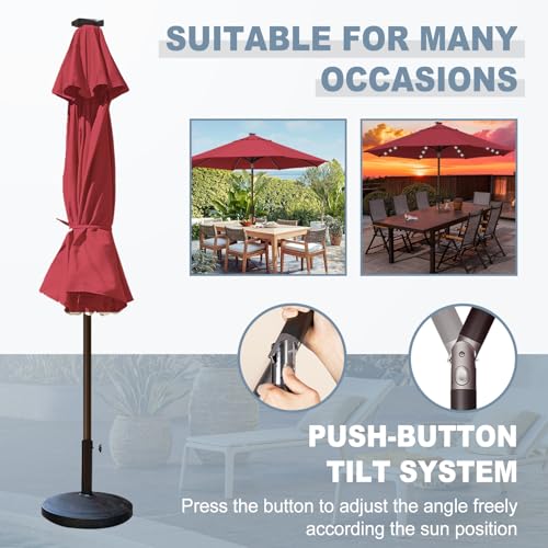 USA 10-Year-Non-Fading 10ft Market Patio Umbrella, Commercial Grade Table Sun Umbrella with 80 Solar LED Lights, Crank Open, Windproof & UPF 50+ UV Protection for Garden, Deck, Pool, Backyard, Burgundy