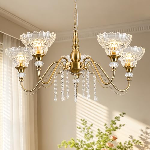 5 Light Vintage Chandelier in Brushed Gold Finish with Flower (5-Light / Gold)