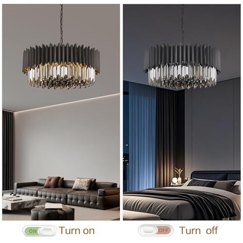 8 Light Large Crystal Chandeliers 24" Dining Room Light Fixture 5 Tiers Flush Mount Smoke Gray and Black Crystal Chandelier Round Pendant Light for Kitchen Living Room Entryway Foyer