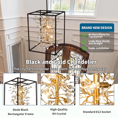 Modern Black and Gold Crystal Chandelier for Foyer Entryway