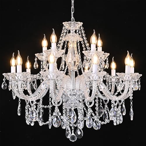 Clear K9 Crystal Chandelier 15 Light Pendant Lighting Fixture for Dining Room Living Room Bedroom Hallway Entryway Elegant Ceiling Lamp E12 Clear