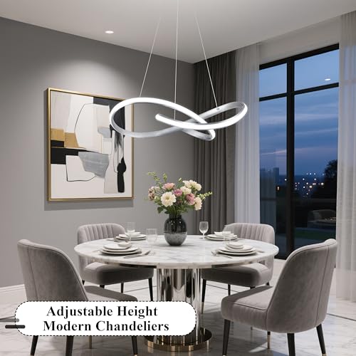 30" Nickel Modern LED Chandelier Large Irregular Ring Pendant Lighting Adjustable Hanging Light Fixture Modern Dimmable Remote Control Pendant Lights for Living Room Dining Room Entryway