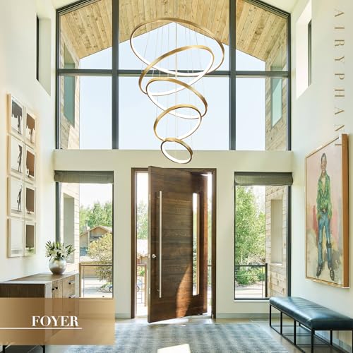 Modern LED Chandelier High Ceiling 5 Ring Gold Chandeliers Foyer Dimmable Ceiling Pendant Light Fixture Contemporary Flush Mount Chandelier for Staircase Living Room