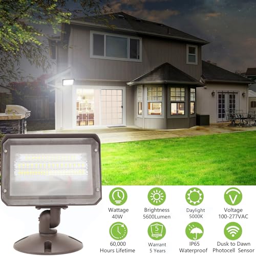 2Pack Dusk to Dawn Outdoor 40W LED Flood Light with Knuckle & Plate Mount (2 Count)
