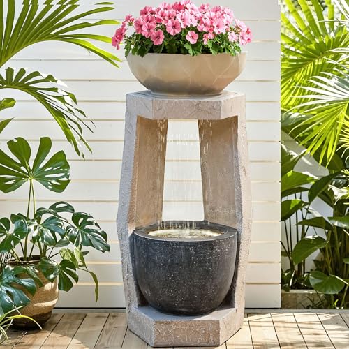 32" Geometric Outdoor Water Fountain with Birdfeeder