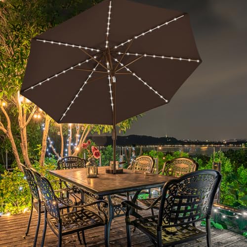 USA 10-Year-Non-Fading 9ft Market Patio Umbrella, Commercial Grade Table Sun Umbrella with 80 Solar LED Lights, Crank Open, Windproof & UPF 50+ UV Protection for Garden, Deck, Pool, Backyard, Chestnut