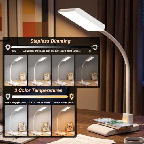 Desk Lamp with Wireless Charger LED Desk Lamps for Home Office White CRI90+ (White)