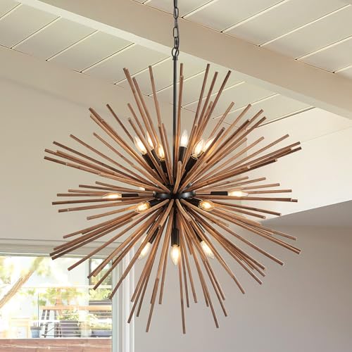 37.4" Farmhouse Sputnik Chandelier for Dining Room Rustic Handmade Natural Wood 18