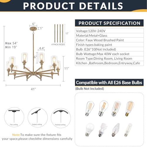 10 Light Large Farmhouse Chandeliers for Dining Room with Glass Cover 41"