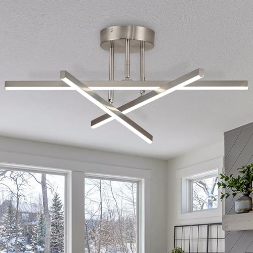 Modern LED Chandelier 24W Dimmable Nickel Semi Flush Mount Ceiling Light Fixture for Kitchen Dining Room Foyer Entry