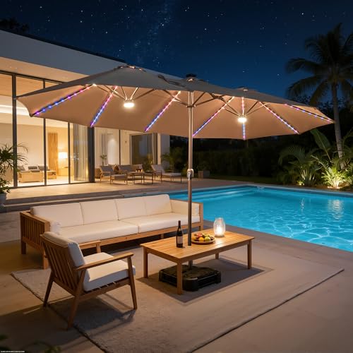 15FT Patio Umbrella With Multicolor Solar Light