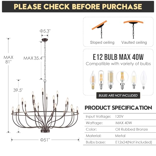 24 Light Chandelier 51'' Oil Rubbed Bronze Large Candle Chandeliers for High Ceiling Foyer Chandelier Light Fixture for Large Living Room Dining Room Stairs Entry Restaurant Hotel
