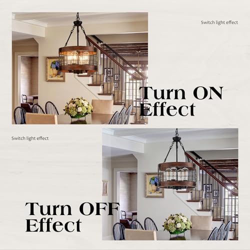 4 Light Farmhouse Drum Wood Pendant Light