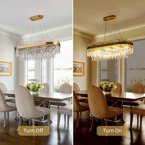 35.4" Brushed Gold Rectangular Crystal Chandelier Dining Room Kitchen