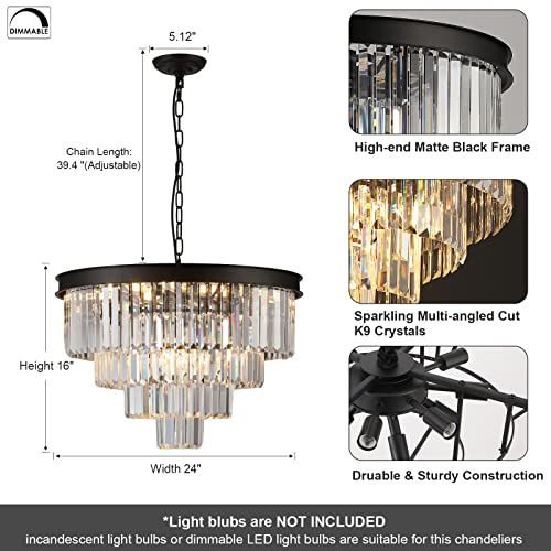 Modern Crystal Chandelier 24" Black Pendant Light Fixture for Living Room