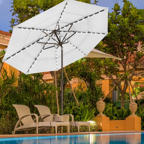 USA 10-Year-Non-Fading 9ft 3-Tier Market Patio Umbrella, Commercial Table Umbrella with 80 Solar LED Lights, Crank Open, Windproof & UPF 50+ UV Protection for Garden, Deck, Pool, Backyard, White