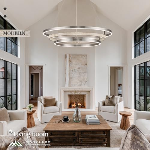 3 Ring LED Chandelier Modern Chandelier Weathered Wood Nickel Dimmable 31''