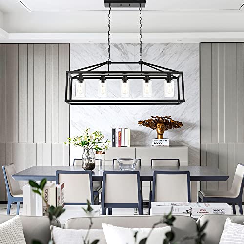 Kitchen Island Lighting 5 Light Modern Farmhouse Metal Cage Chandeliers with Clear Glass Shade Black Industrial Rectangle Dining Room Light Fixture Hanging Pendant Lamp for Foyer Bar Entryway