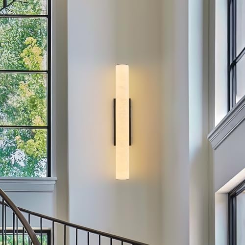 Natural Alabaster Wall Sconces Spanish Marble Wall Light Cylinder Modern Black LED Sconce for Living Room Bedroom Bathroom Stairs（M