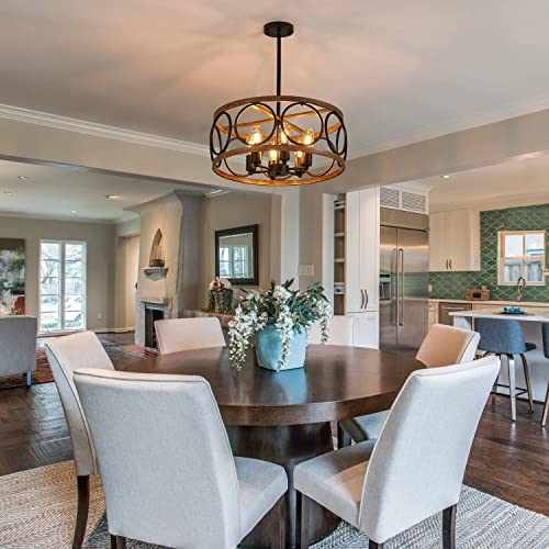 19.7" 6 Light Black Farmhouse Drum Pendant Light for Dining Room