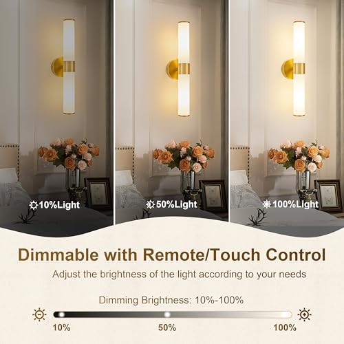 Gold Battery Operated Wall Sconces Set of 2 with White Glass Lamp Shade