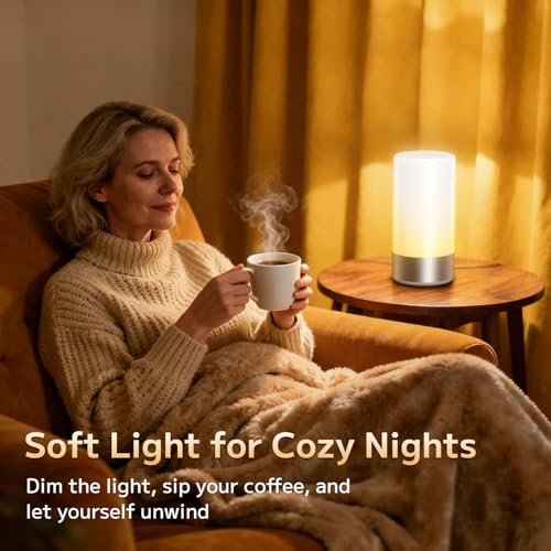Table Lamp Bedside Touch Control Lamp for Bedroom 3 Level Dimmable Warm White Lights with 256 RGB Color Mode Modern Deisgn Smart Nightstand Desktop LED Lamps Portable for Read