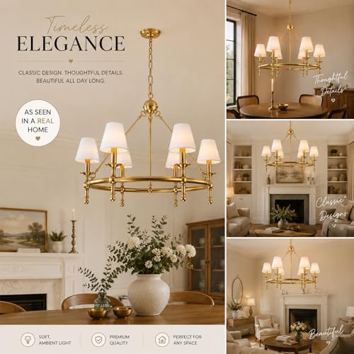 34" Brass Pleated Fabric Chandelier