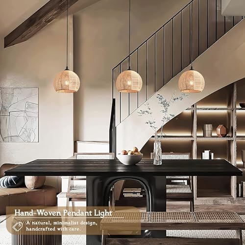 2 Pack Wicker Pendant Light Natural Woven Pendant Light Boho Chandelier Light Fixture Dome Rustic Farmhouse Pendant Lights Rattan Light Fixture for Kitchen Island Dining Room