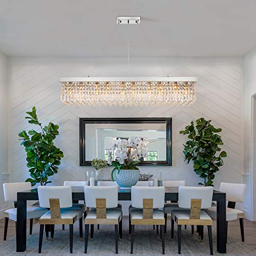 Rectangle K9 Crystal Chandelier Modern Rectangular Pendant Light Fixture for Dining Room Kitchen Island Chrome L47 x W10 x H10