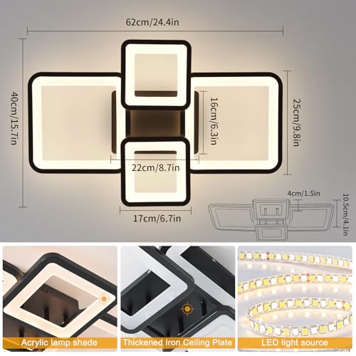 Modern LED Ceiling Lights Fixture Dimmable Flush Mount Black Acrylic 4
