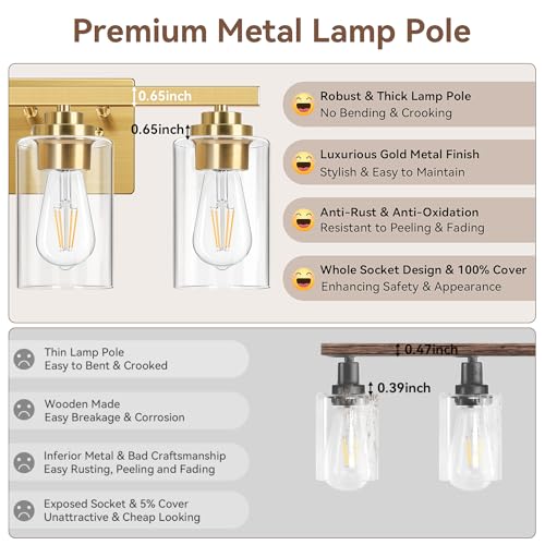 19" Gold Modern Vanity Lights Over Mirror with Clear Glass Shades