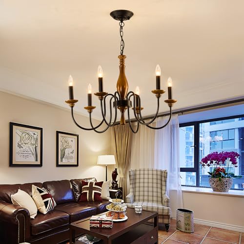 Farmhouse Wood Chandelier for Dining Room Rustic Candle Ceiling Chandelier Black Adjustable Hanging Light Fixture for Kitchen Living Room Foyer Entryway
