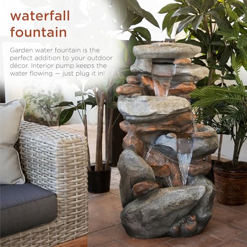 40" 4 Tier Rock Floor Fountain with Cascading Water & White LED Lights
