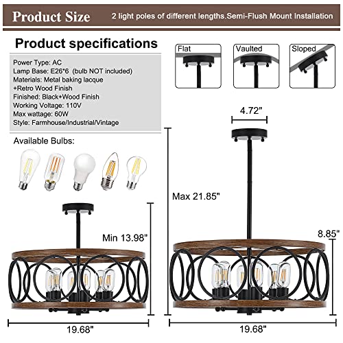 19.7" 6 Light Black Farmhouse Drum Pendant Light for Dining Room
