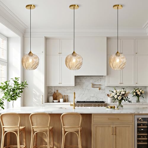 Amber Glass Pendant Lights Kitchen Island Gold Hanging Ceiling Light 9.84"