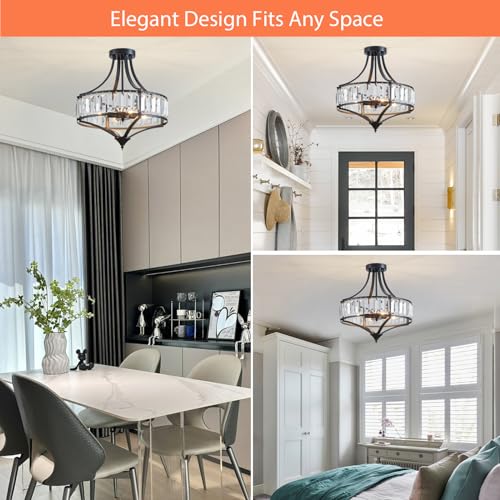 Black Crystal Chandelier Semi Flush Mount Ceiling Light Fixture Round Rustic Farmhouse 4