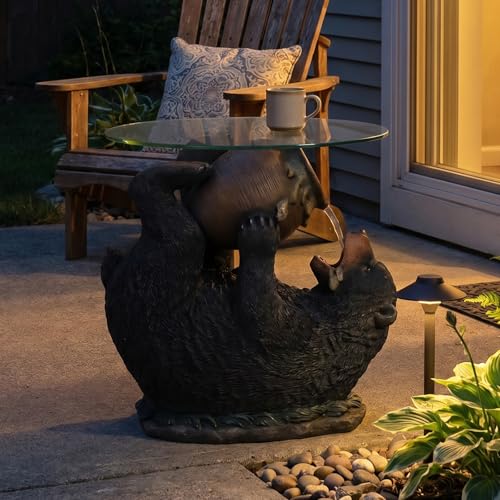 Rustic Black Bear Outdoor Water Fountain with Glass Tabletop