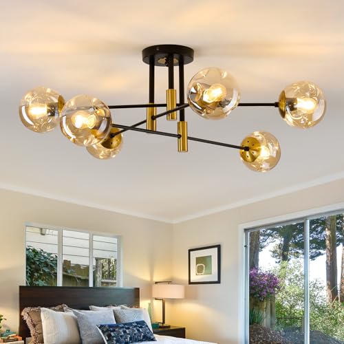 6 Lights Sputnik Ceiling Light Fixture Mid Century Modern Glass Globe Flush Mount Chandelier Black and Gold Farmhouse Lighting for Living Room Dining Room Bedroom Kitchen