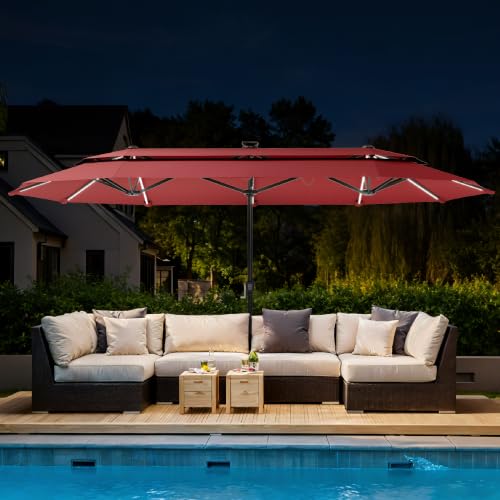 13ft 2 Tier Patio Umbrella with Solar Lights & Base