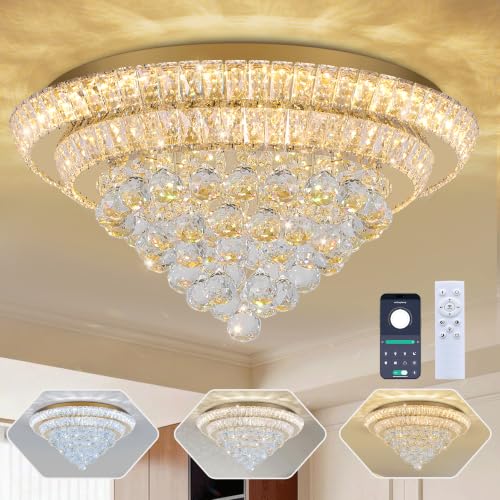 24" Gold Crystal Flush Mount Chandelier Modern LED Ceiling Light Fixture