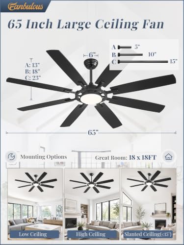 65 Inch Black Ceiling Fans with 3CCT Lights and Remote (Black / 65")