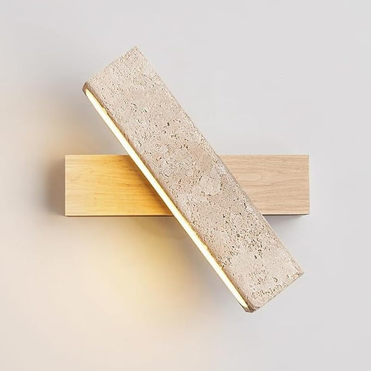 Modern LED Wall Sconce Wood Base Travertine Style Bar Light Minimalist Japandi Fixture Asymmetrical Design for Bedroom Hallway Living Room Accent(Natural)