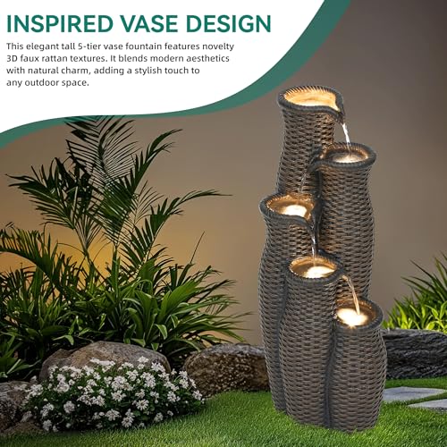 33" Faux Rattan Vase Water Fountain Outdoor with Warm LED Lights