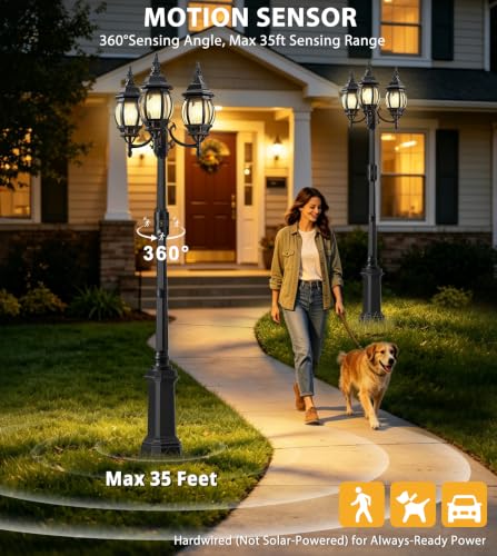 97" 3 Head Motion Sensor Outdoor Post Lights with GFCI Outlet