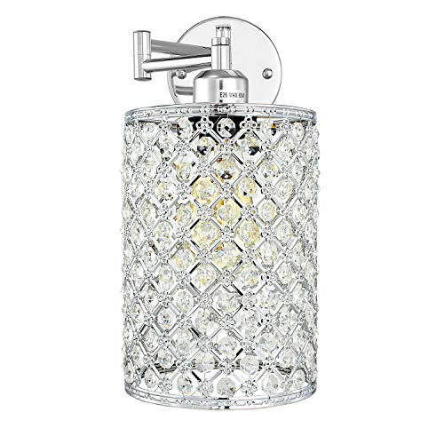 1 Light Wall Lamp Modern Style Metal Round lampshade Decorative Dimmable Crystal E26 Base Wall Lights Industrial Swing Arm Wall Sconce for Home Decor Plug