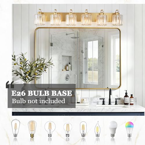 6 Lights Brushed Brass Bathroom Light Fixture Gold Vanity Lights Modern Crystal Bathroom Vanity Lighting Over Mirror Wall Sconce with K9 Crystal Shade E26 Base for Living Room