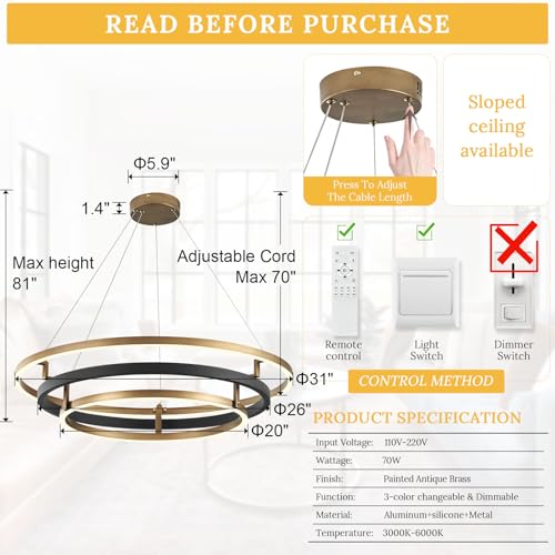 3 Ring LED Chandelier Modern Chandeliers Black Gold Brass Dimmable 31''