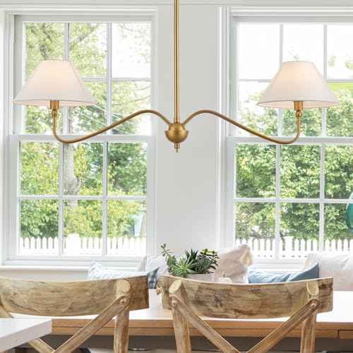 Modern Gold Linear Chandelier for Kitchen Island, 2-Light Linear Light Fixture with Off-White Fabric Shade, Rustic Pendant Light for Dining Room