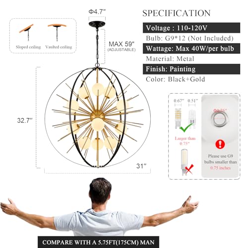 31" 12 Light Black Gold Sputnik Chandelier with Milk Glass Shade