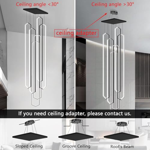 6 Rings Large Chandelier for Staircase Modern High Ceiling Chandelier LED Dimmable Chandeliers for Foyer Staircase Enterway Living Room Villa Black (6 Count)